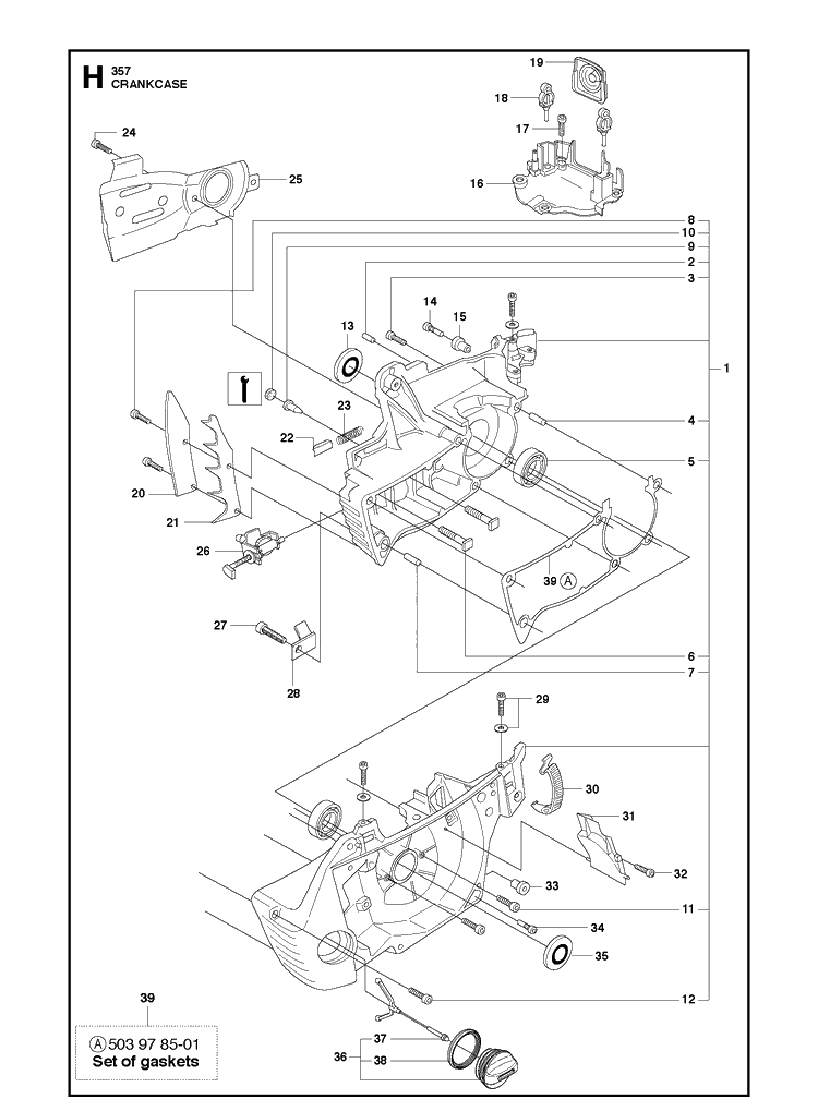Crankcase Diagram and Parts List for 357XP 20100600001-20111800000 Husqvarna Chainsaw