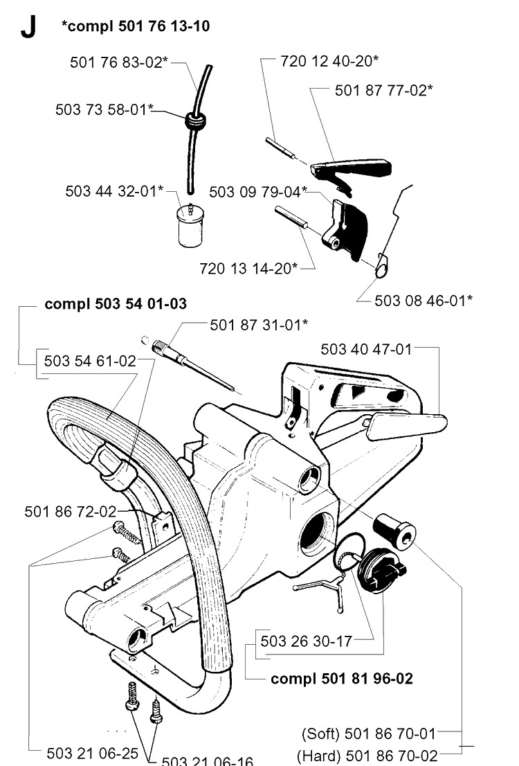 Fuel Tank And Handle Diagram and Parts List for 257 19980900001-19992300000 Husqvarna Chainsaw