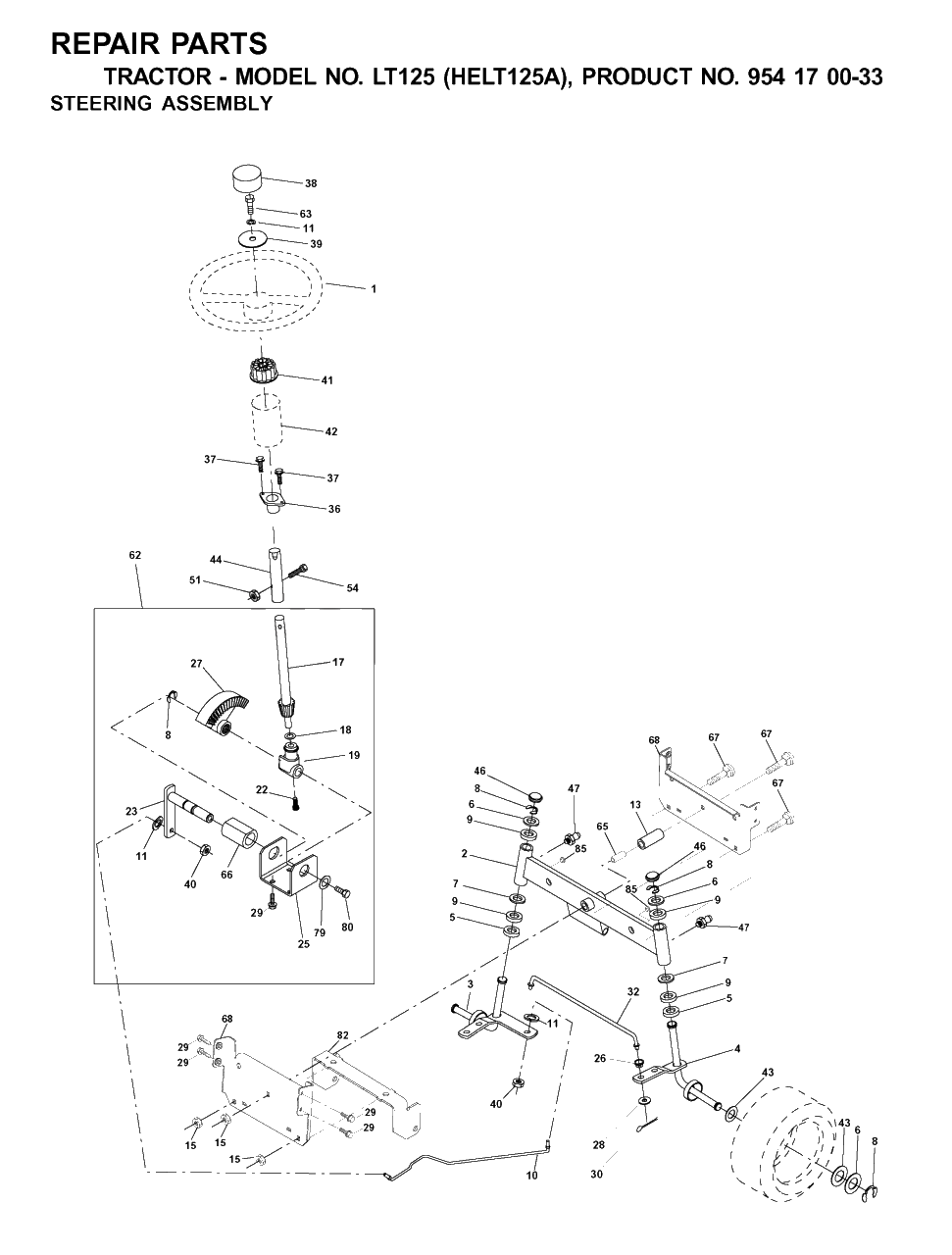 Steering Diagram and Parts List for LT125 (954170033-A)(2001-01) Husqvarna Lawn Tractor