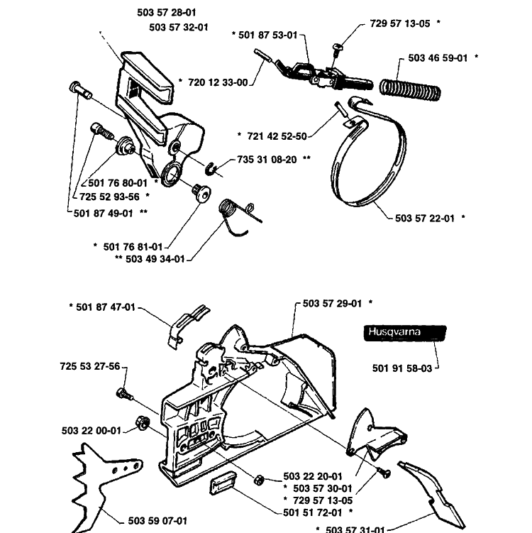 Chain Brake Assembly Diagram and Parts List for 61 1989-02 Husqvarna Chainsaw