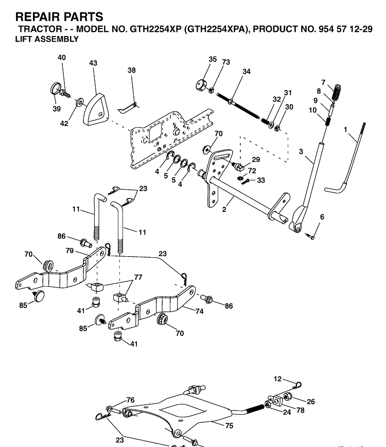 Mower Lift / Deck Lift Diagram and Parts List for GTH2254XP-GTH2254XPA 2004-08 Husqvarna Lawn Tractor