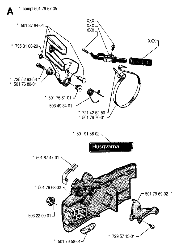 Chain Brake Diagram and Parts List for 242 19900100001-19941400000 Husqvarna Chainsaw