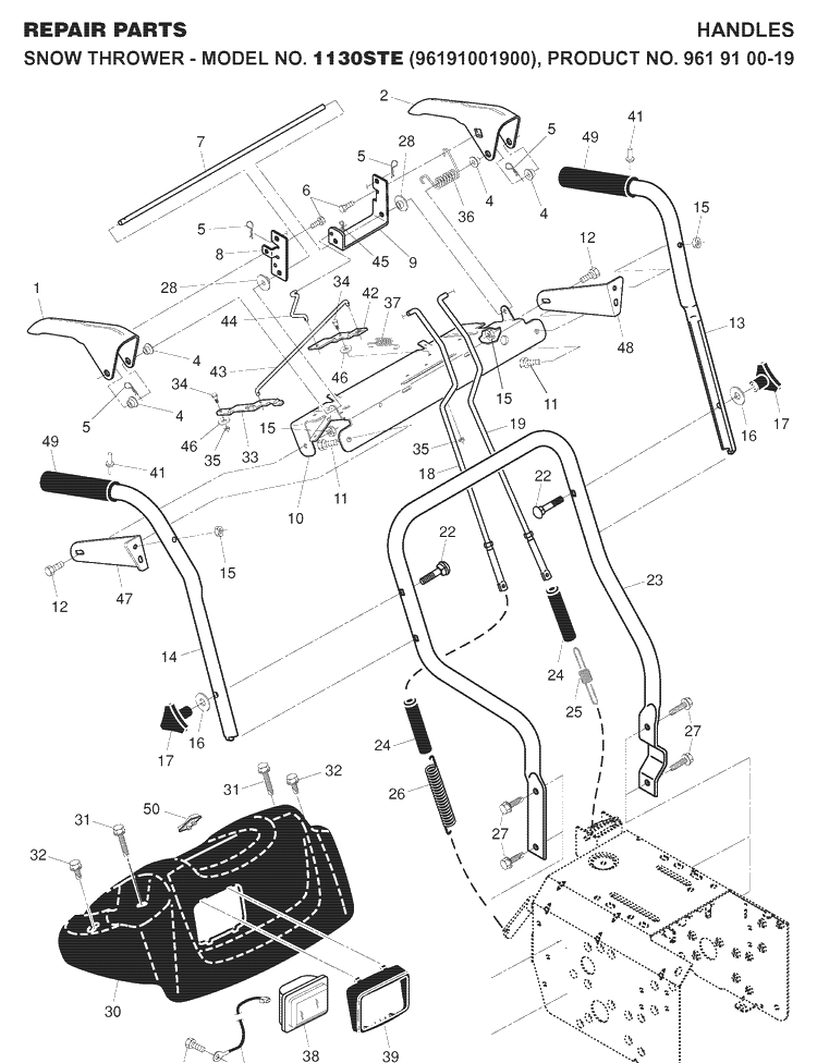 Handle Diagram and Parts List for 1130STE (96191001900)(2007-07) Husqvarna Snow Blower