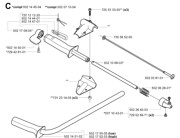 Handle And Controls Diagram and Parts List for 265RX 20012600001-20023100000 Husqvarna Brush Cutter