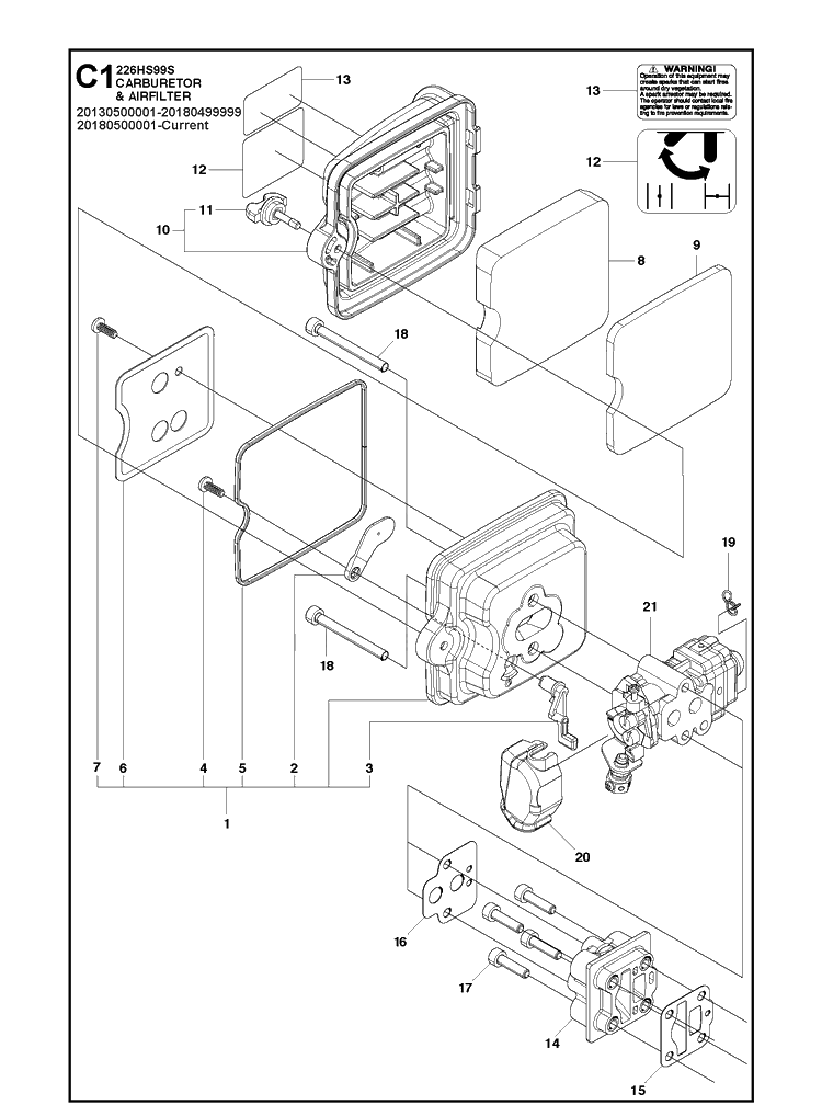Carburetor And Air Filter 2 Diagram and Parts List for 226HS99S  Husqvarna Hedge Trimmer
