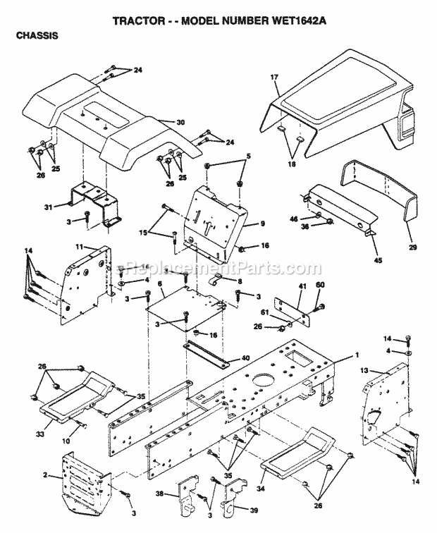Chassis Diagram and Parts List for WET1642A 1995 Husqvarna Lawn Tractor