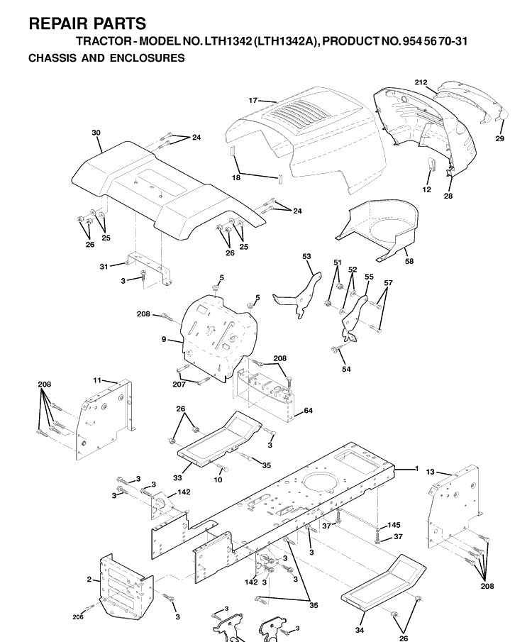 Chassis And Enclosures Diagram and Parts List for LTH1342-LTH1342A 2000-12 Husqvarna Lawn Tractor