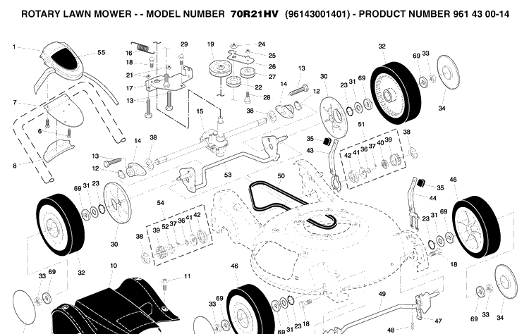 Repair Parts Diagram and Parts List for 70R21HV (96143001400)(2005-11) Husqvarna Lawn Mower