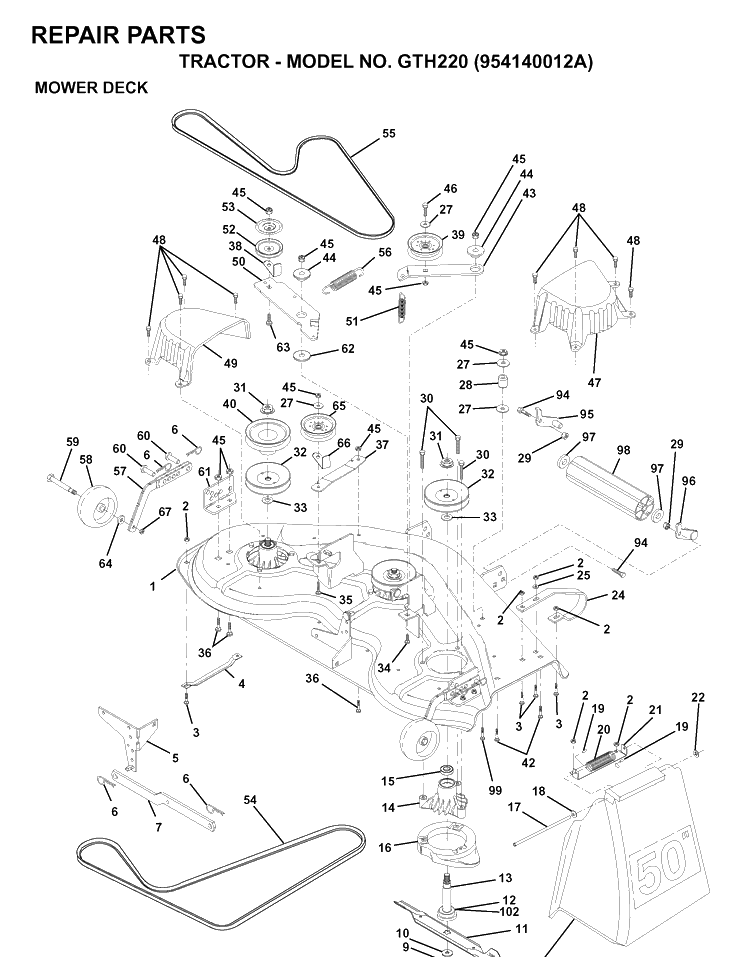 Mower Deck / Cutting Deck Diagram and Parts List for GTH220 (954140012A)(1997-01) Husqvarna Lawn Tractor