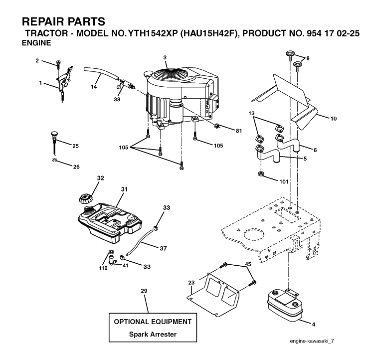 Engine Diagram and Parts List for YTH1542XP (HAU15H42F)(2004-09) Husqvarna Lawn Tractor