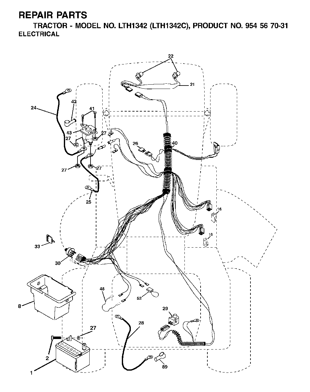 Electrical Diagram and Parts List for LTH1342 (LTH1342C, 954567031)(2001-11) Husqvarna Lawn Tractor