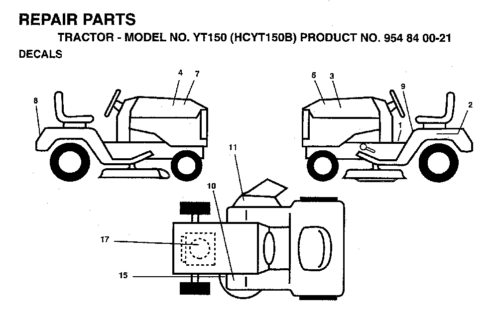 Decals Diagram and Parts List for YT150 (HCYT150B, 954840021)(1996-04) Husqvarna Lawn Tractor