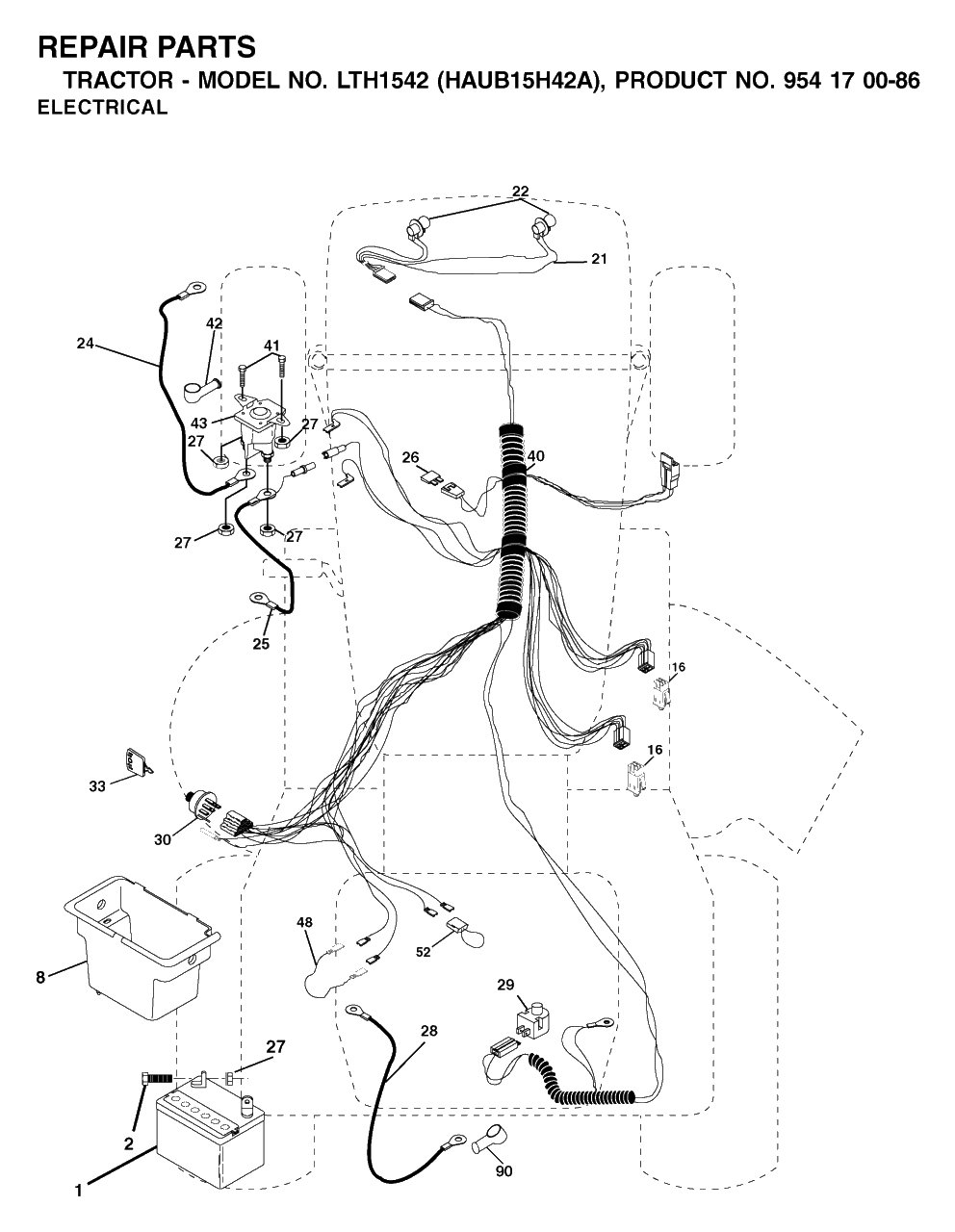 Electrical Diagram and Parts List for LTH1542 (954170086-A)(2003-01) Husqvarna Lawn Tractor