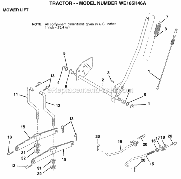 Mower Lift Diagram and Parts List for WE185H46A 1998 Husqvarna Lawn Tractor