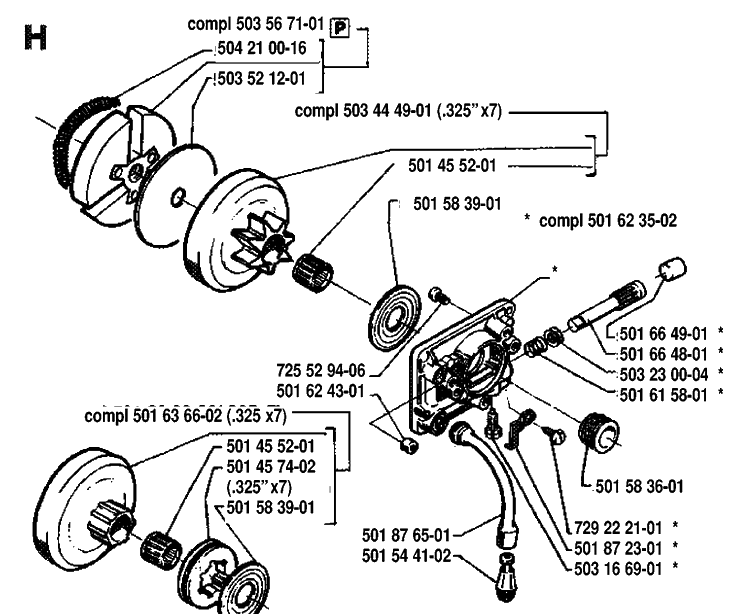 Clutch And Oil Pump Diagram and Parts List for 42 19920900001-19941400000 Husqvarna Chainsaw