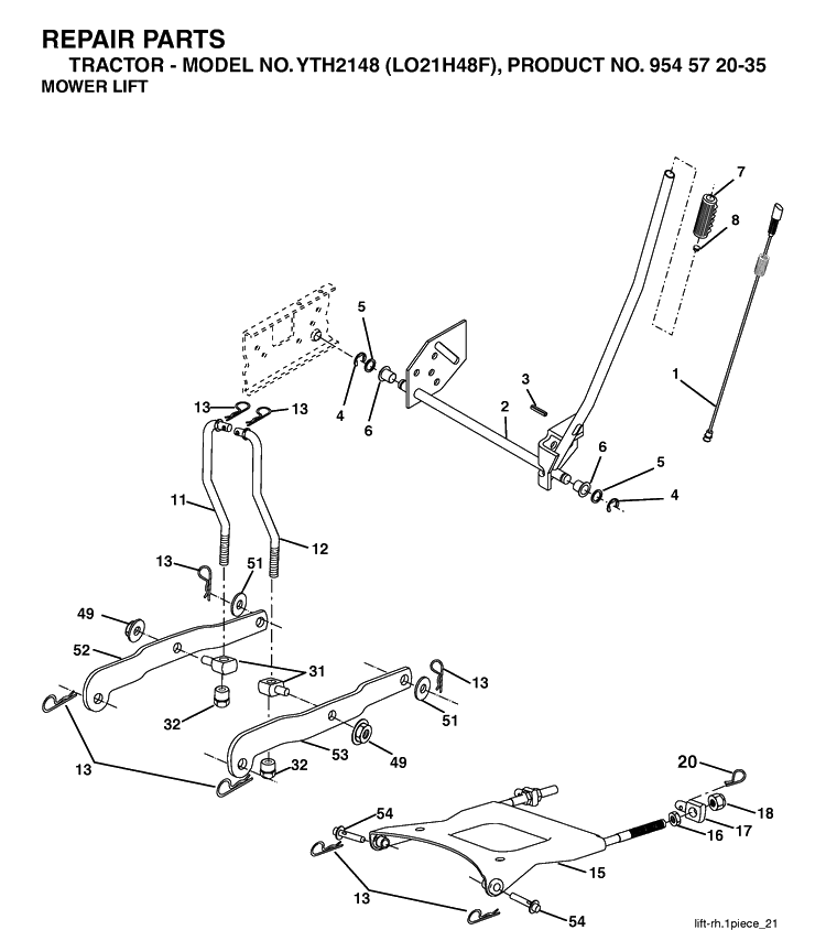 Mower Lift / Deck Lift Diagram and Parts List for YTH2148-LO21H48F 2004-03 Husqvarna Lawn Tractor