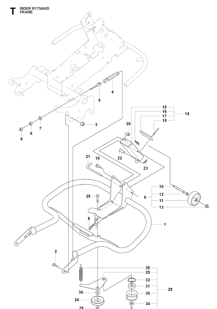 Frame Diagram and Parts List for RIDER175AWD (965105001)(2009-04) Husqvarna Lawn Mower