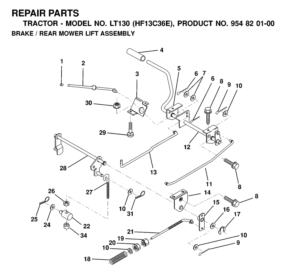Brake / Rear Mower Lift Diagram and Parts List for LT130 (954820100-E)(2000-02) Husqvarna Lawn Tractor
