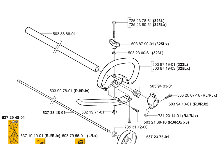 Shaft/Tube/Handle Diagram and Parts List for 325LX 2005-05 Husqvarna Brush Cutter