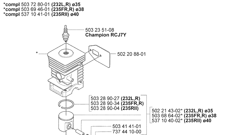 Cylinder Diagram and Parts List for 232L 2007-01 Husqvarna Trimmer