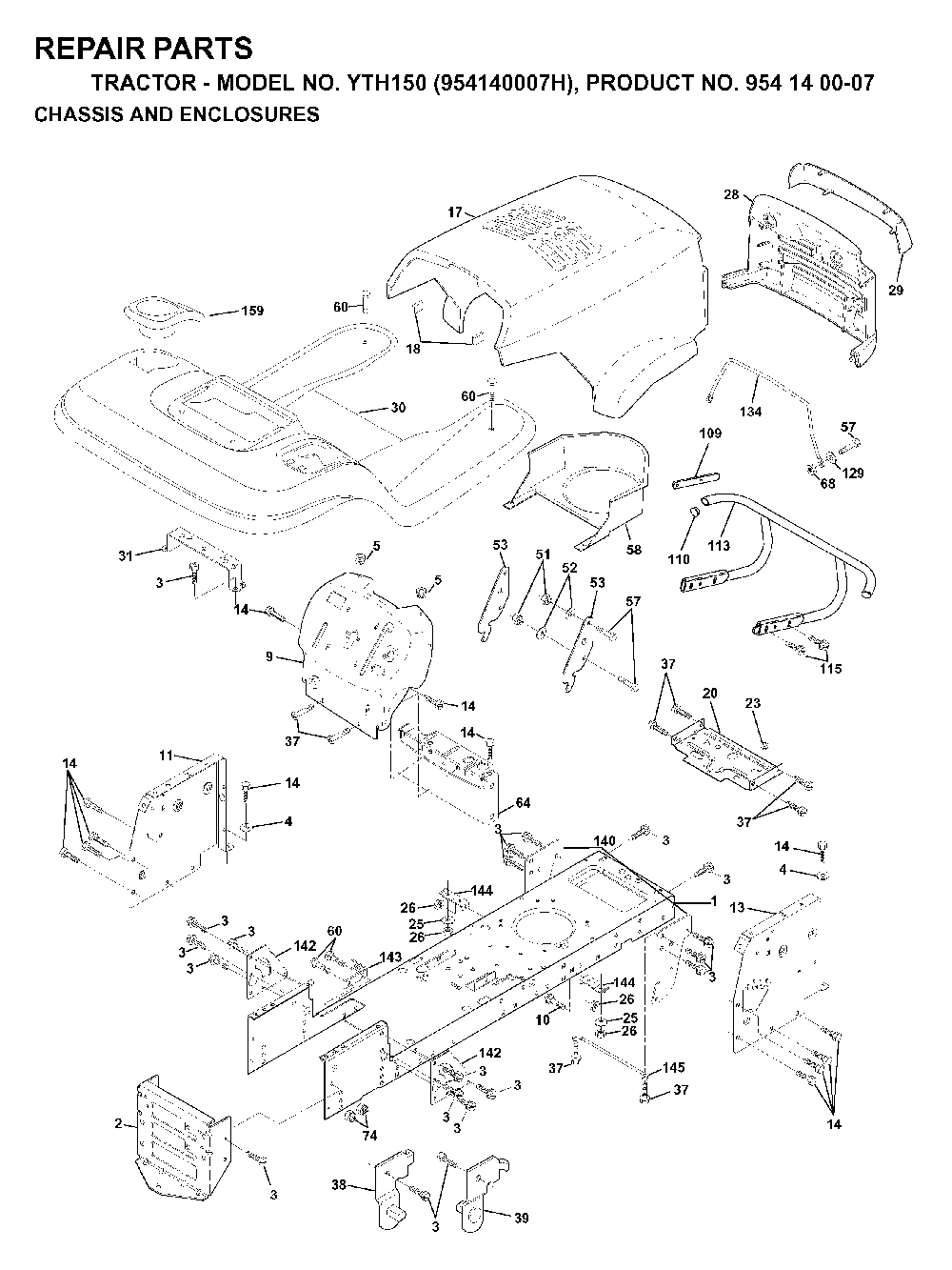 Chassis And Enclosures Diagram and Parts List for YTH150 (954140007H, 954140007)(1998-09) Husqvarna Lawn Tractor