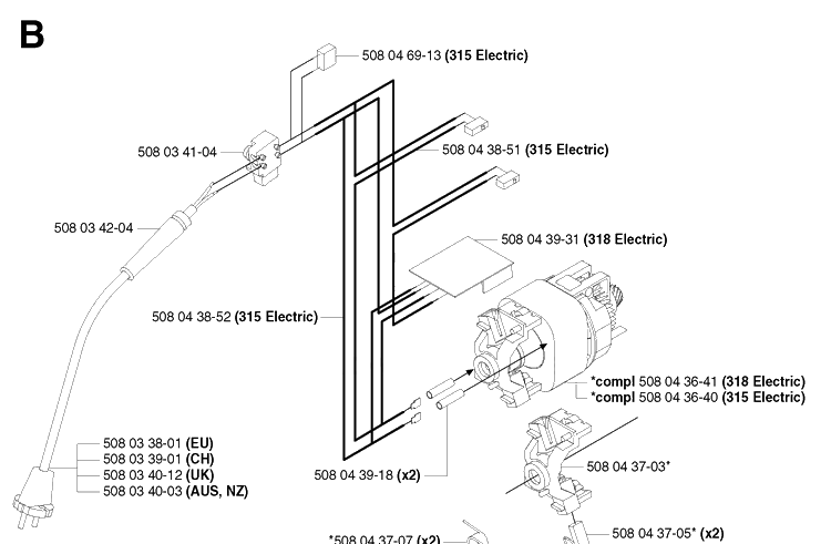 Electrical Diagram and Parts List for 318 20030100001-Current Husqvarna Chainsaw