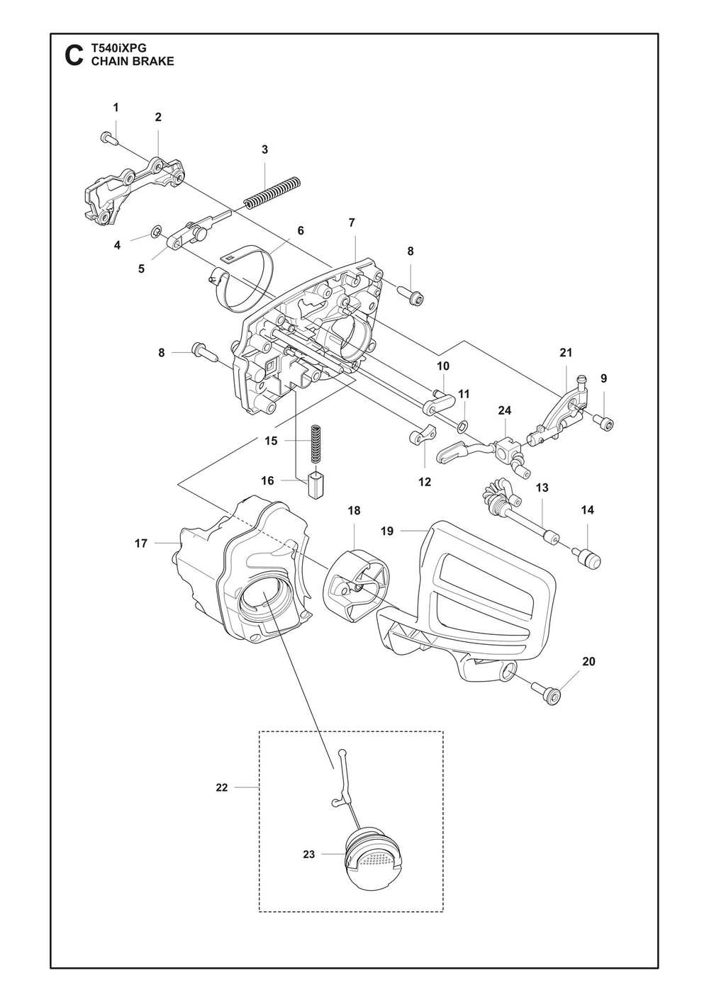 Chain Brake Diagram and Parts List for T540IXPG  Husqvarna Chainsaw