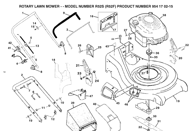 Frame And Engine Diagram and Parts List for R52S-R52F 2004-10 Husqvarna Lawn Mower