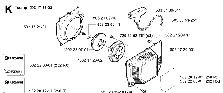 Starter Diagram and Parts List for 252RX 20011800001-20023100000 Husqvarna Brush Cutter