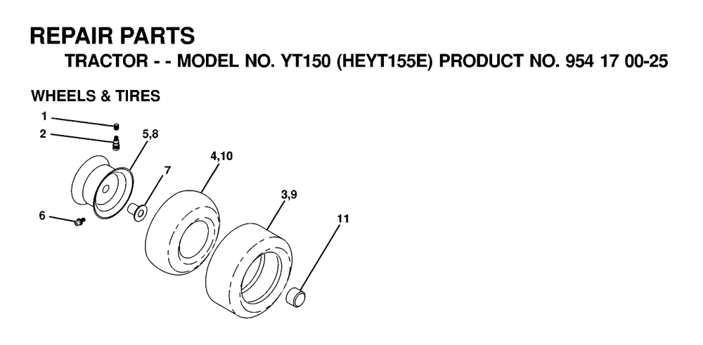 Wheels And Tires Diagram and Parts List for YT150 (954170025-E)(2000-03) Husqvarna Lawn Tractor