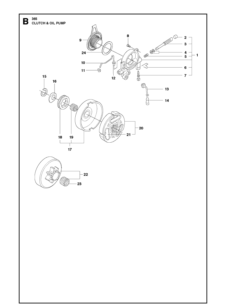 Clutch And Oil Pump Diagram and Parts List for 365 20101800001-Current Husqvarna Chainsaw