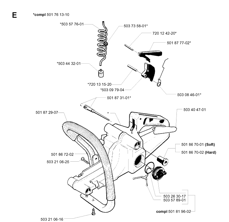 Fuel Tank And Handle Diagram and Parts List for 254 20013500001-Current Husqvarna Chainsaw