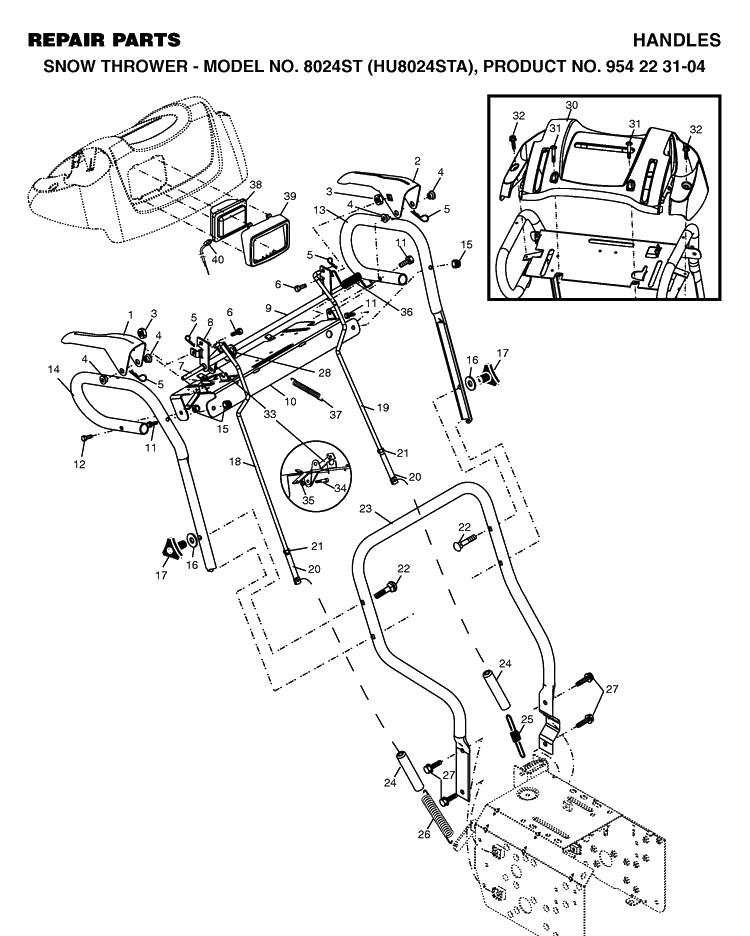 Handle And Controls Diagram and Parts List for 8024ST (HU8024STA)(2002-09) Husqvarna Snow Blower