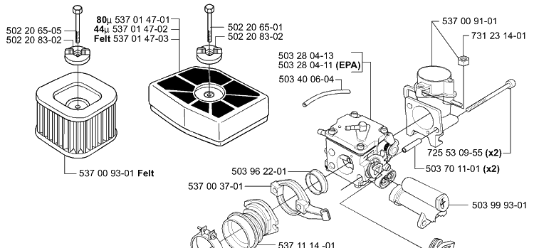 Air Filter / Carburetor Diagram and Parts List for 385 2001-04 Husqvarna Chainsaw
