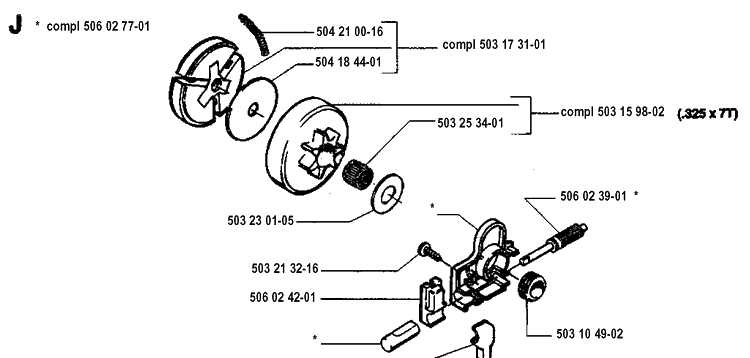 Clutch And Oil Pump Diagram and Parts List for 45 19952300001-19981800000 Husqvarna Chainsaw
