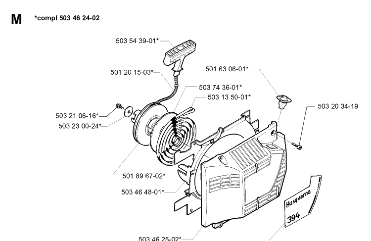 Starter Diagram and Parts List for 394XP 19980900001-Current Husqvarna Chainsaw