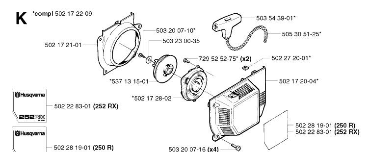 Starter Diagram and Parts List for 250R 20023100001-20145399999 Husqvarna Brush Cutter