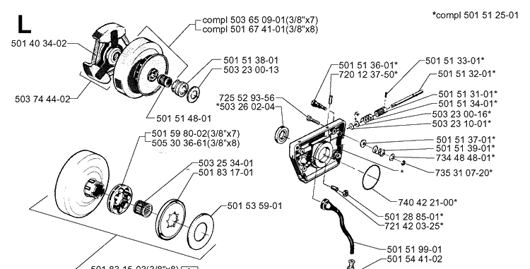 Clutch And Oil Pump Diagram and Parts List for 61 20014000001-20110100000 Husqvarna Chainsaw