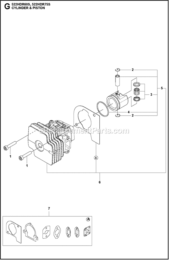 Cylinder Piston Diagram and Parts List for 522HDR75S  Husqvarna Trimmer
