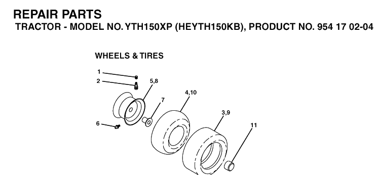 Wheels And Tires Diagram and Parts List for YTH150XP (HEYTH150KB)(2004-01) Husqvarna Lawn Tractor