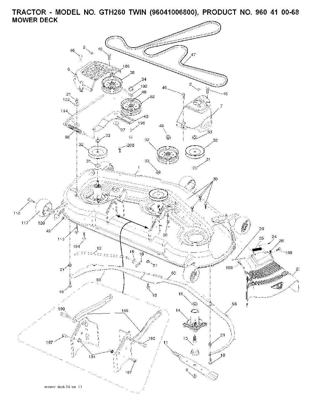 Mower Deck / Cutting Deck Diagram and Parts List for GTH260TWIN (96041006800)(2008-01) Husqvarna Lawn Tractor