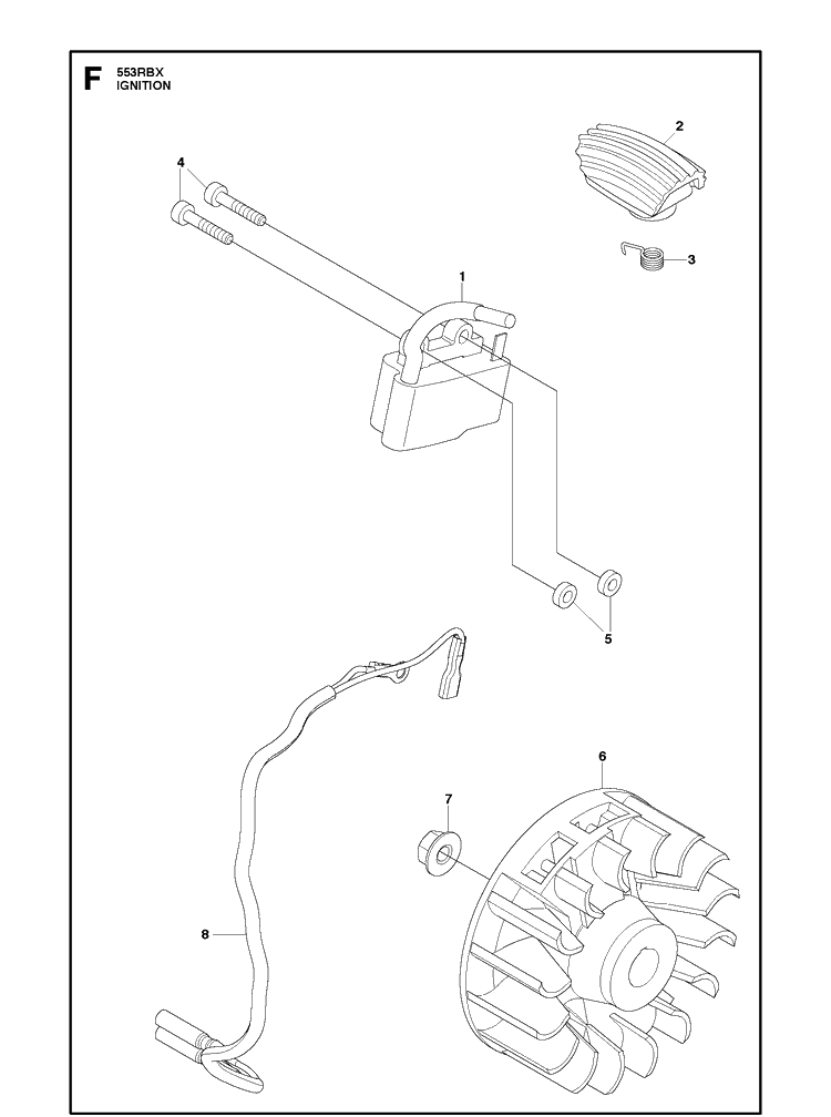 Ignition System Diagram and Parts List for 553RBX 20123200001-20180500000 Husqvarna Brush Cutter