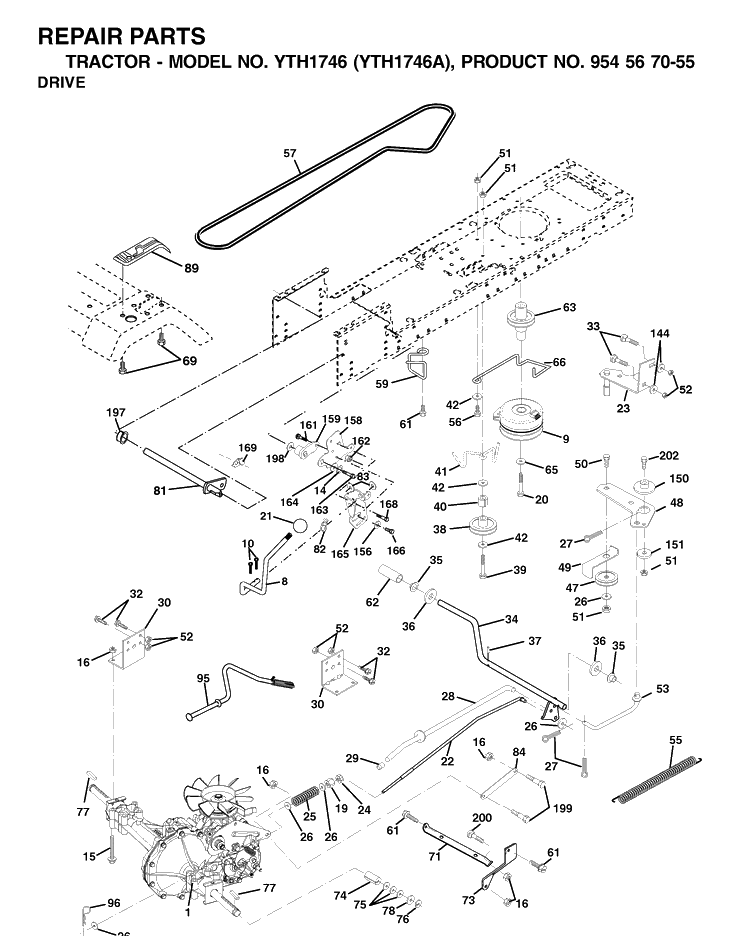 Drive Diagram and Parts List for YTH1746 (954567055)(2000-11) Husqvarna Lawn Tractor