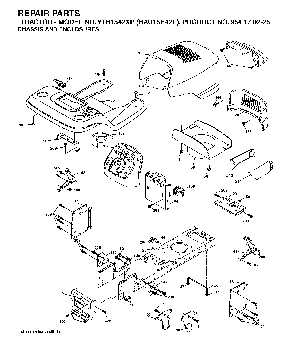 Chassis And Enclosures Diagram and Parts List for YTH1542XP (HAU15H42F, 954170225)(2004-09) Husqvarna Lawn Tractor