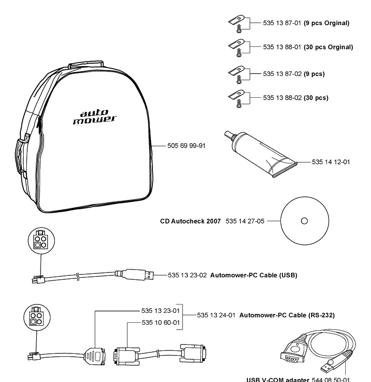 Accessories/Software/Computer Cables Diagram and Parts List for 220AC 2007-02 Husqvarna Lawn Mower