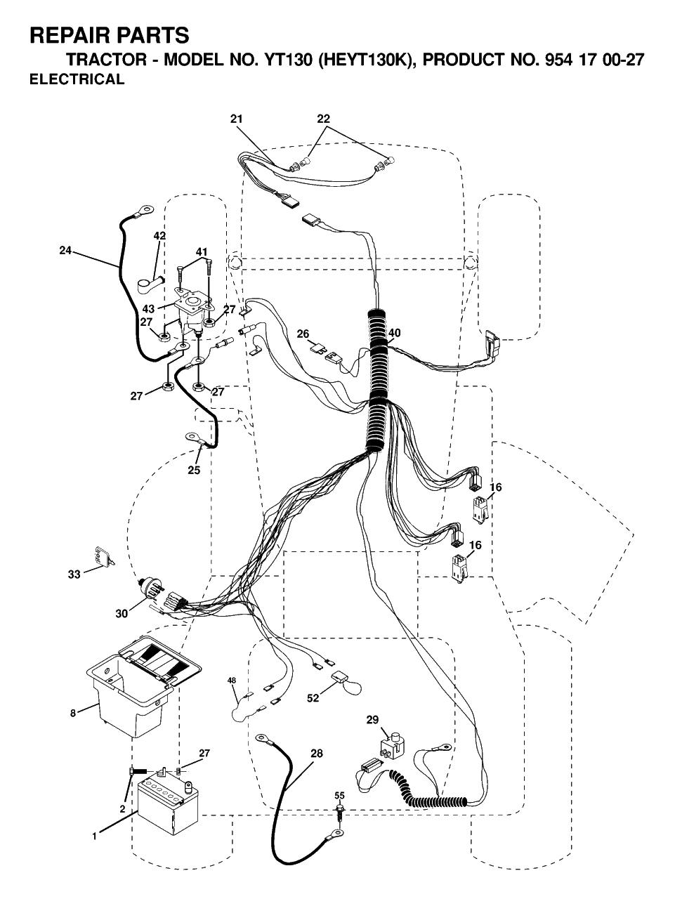 Electrical Diagram and Parts List for YT130 (954170027-K)(2000-03) Husqvarna Lawn Tractor