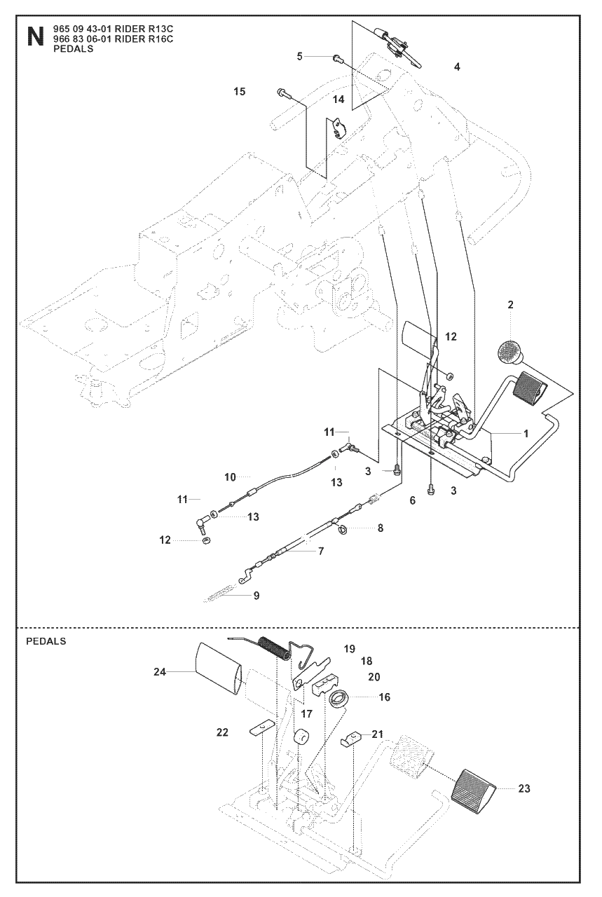 Pedals Diagram and Parts List for R13C (965094301)(2008-04) Husqvarna Lawn Tractor