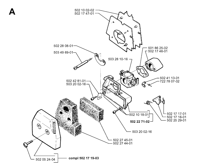Carburetor And Air Filter Diagram and Parts List for 250PS 19960500001-19984000000 Husqvarna Pole Saw