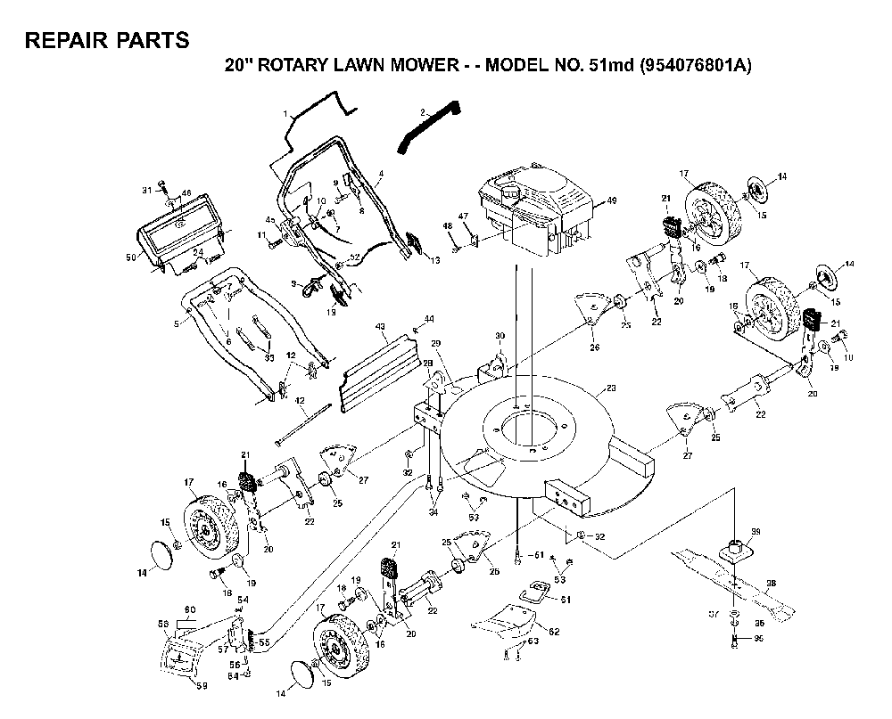 Product Complete Diagram and Parts List for 51MD (954076801A)(1995-08) Husqvarna Lawn Mower