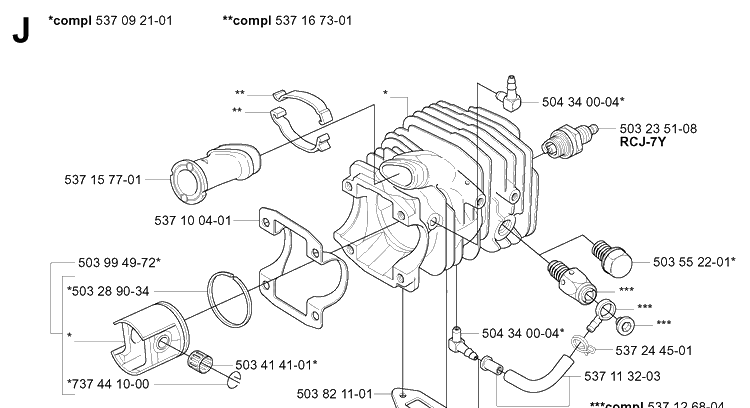 Cylinder Piston Diagram and Parts List for 334T 20040100001-20051000000 Husqvarna Chainsaw